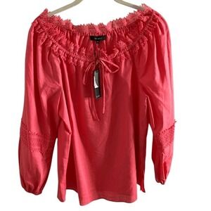 Le Gali Pink Off Shoulder Long Sleeve Lace Trim Blouse Top NWT‎